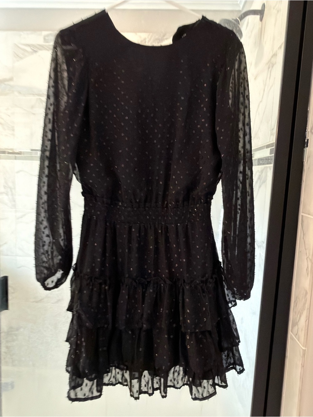 Express Black Long-Sleeve Tiered Dot Chiffon Dress